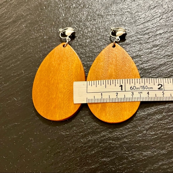 Boho Wooden Dangle Drop Clip On Teardrop Shape Earrings - Picture 5 of 9
